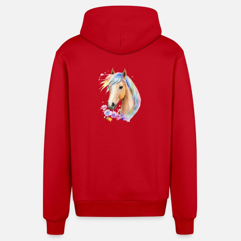 Cheval à crinière arc-en-ciel - Veste à capuche bio décontractée fabriquée en UE - rouge
