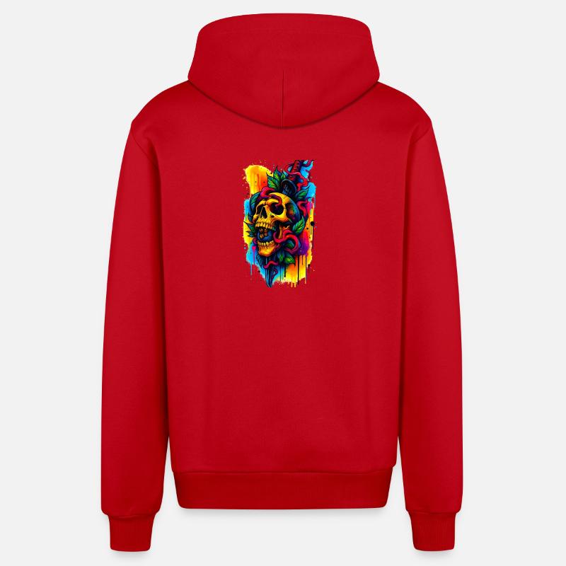 Bunter Totenschädel mit Messer und Blättern - Organic Relaxed Kapuzenjacke Made in EU - Rot