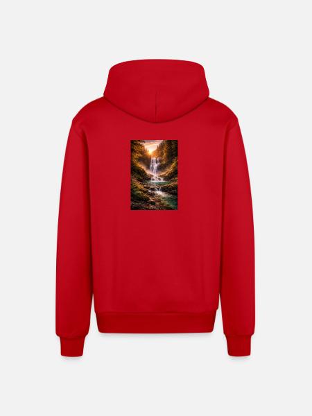 Waterfall in the evening sun - Organic Relaxed Hooded Jacket Made in EU - red
