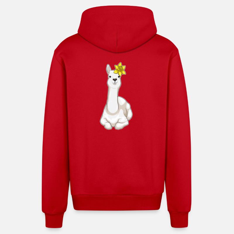Lama Fleurs de Jonquille - Veste à capuche bio décontractée fabriquée en UE - rouge