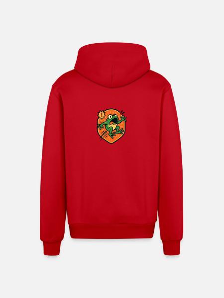 Panic Frog badge - Organic Relaxed Hooded Jacket Made in EU - red