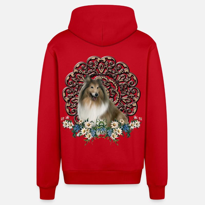 Collie mignon avec des fleurs - Veste à capuche bio décontractée fabriquée en UE - rouge