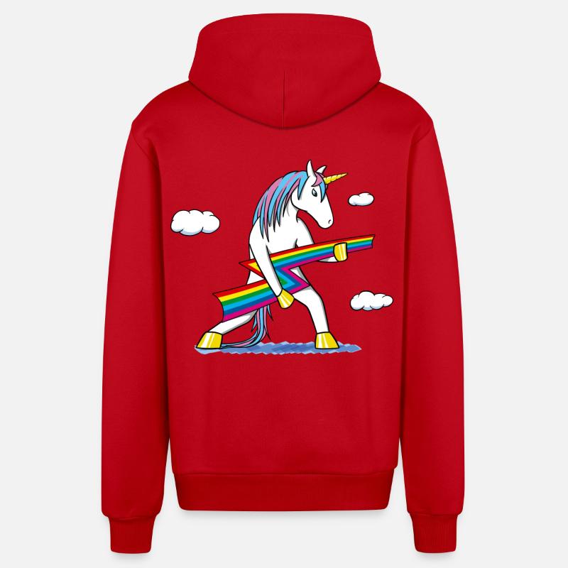 Rainbow Rock – Einhorn mit Regenbogenblitz - Organic Relaxed Kapuzenjacke Made in EU - Rot