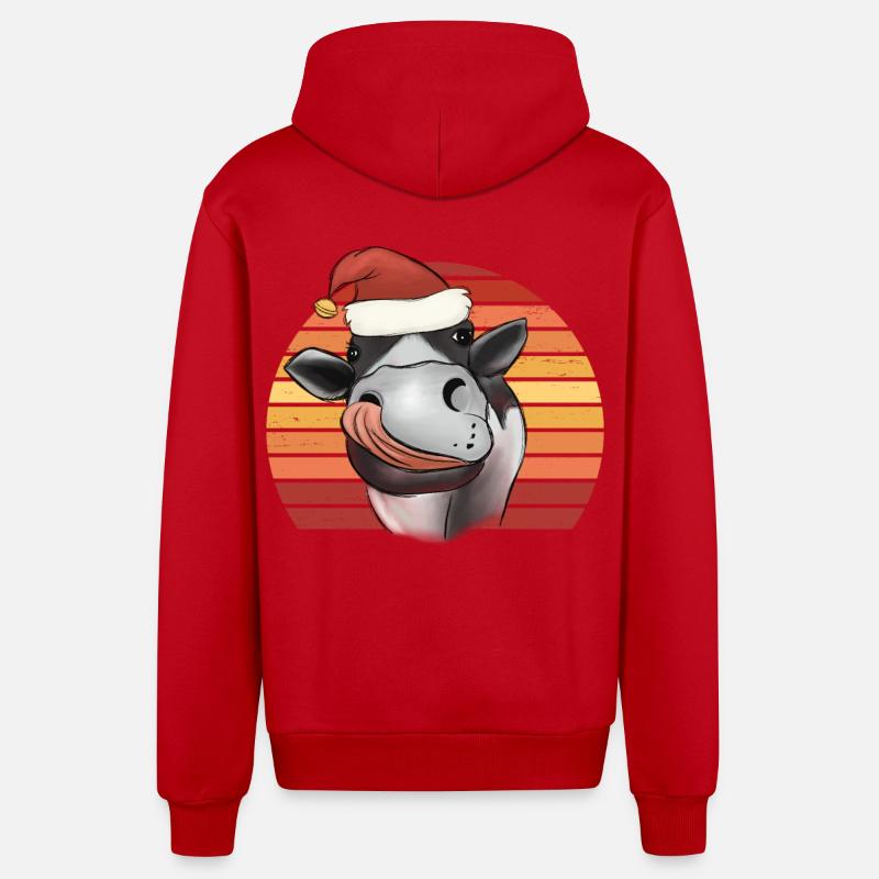 Weihnachtskuh Kuh mit Weihnachtsmütze Retro - Organic Relaxed Kapuzenjacke Made in EU - Rot
