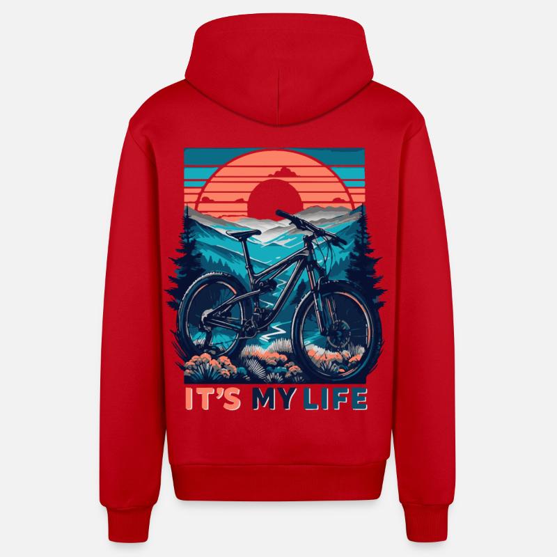 VTT coucher de soleil aventure design - Veste à capuche bio décontractée fabriquée en UE - rouge