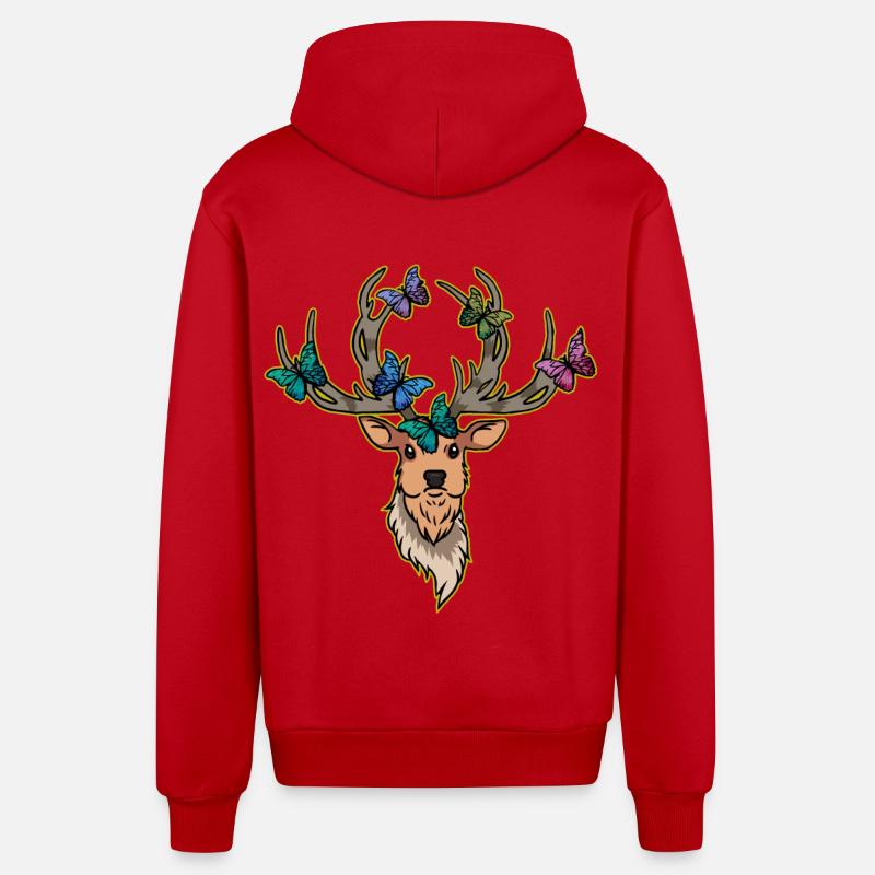 Cerf Papillons Cerf Tête Printemps - Veste à capuche bio décontractée fabriquée en UE - rouge