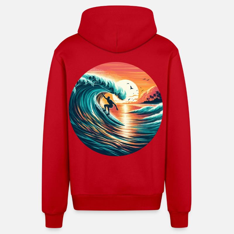 Surfeur au coucher du soleil - Veste à capuche bio décontractée fabriquée en UE - rouge