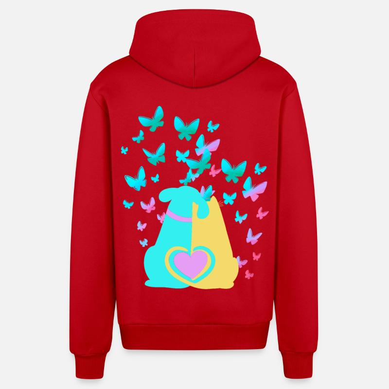 Printemps Chien Chat Coeur - Veste à capuche bio décontractée fabriquée en UE - rouge