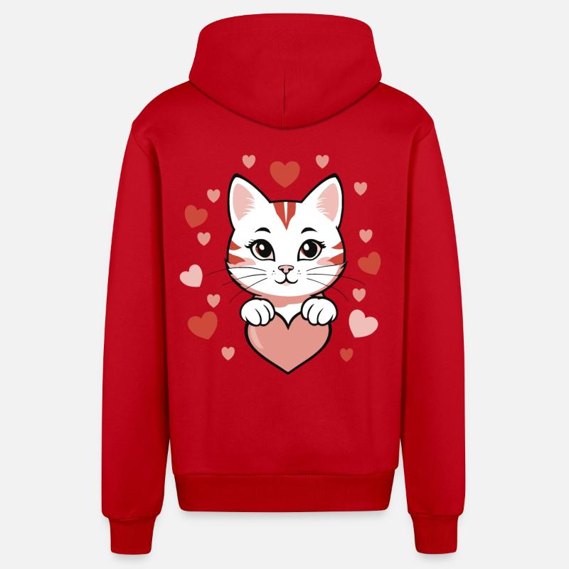Chat avec des cœurs Amour - Veste à capuche bio décontractée fabriquée en UE - rouge