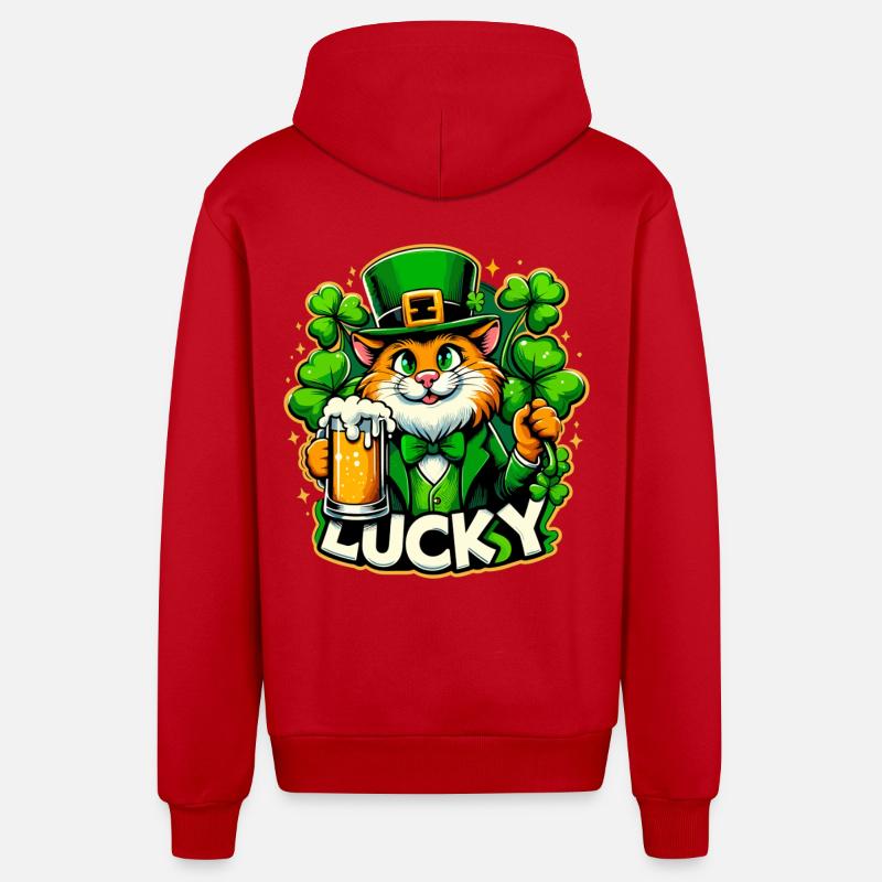 Saint-Patrick Leprechaun Cat Happy - Veste à capuche bio décontractée fabriquée en UE - rouge
