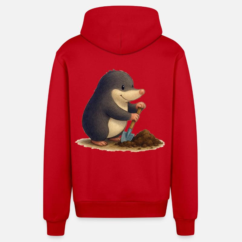 Industrious Mole with Shovel - Organic Relaxed Hooded Jacket Made in EU - red