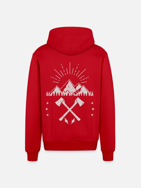 Rugged Mountain Sunrise Axe Emblem - Organic Relaxed Hooded Jacket Made in EU - red