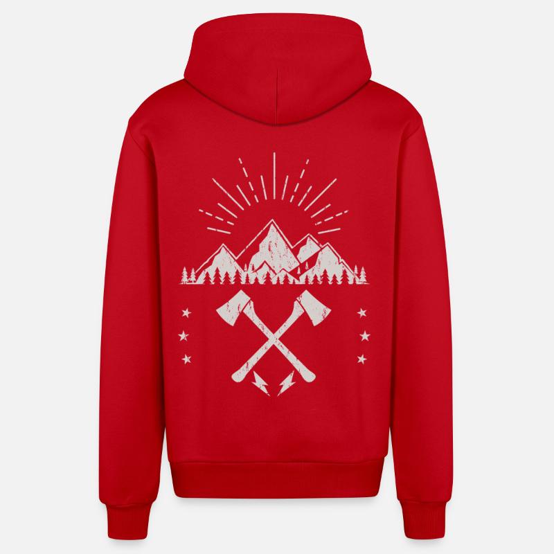 Rugged Mountain Sunrise Axe Emblem - Organic Relaxed Hooded Jacket Made in EU - red