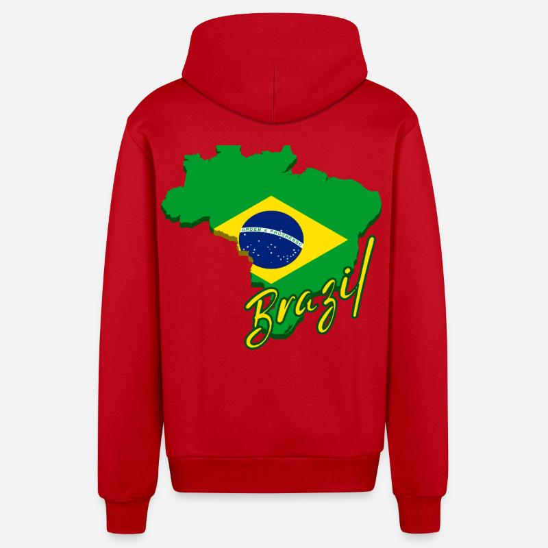 Carte du Brésil, drapeau du Brésil - Veste à capuche bio décontractée fabriquée en UE - rouge