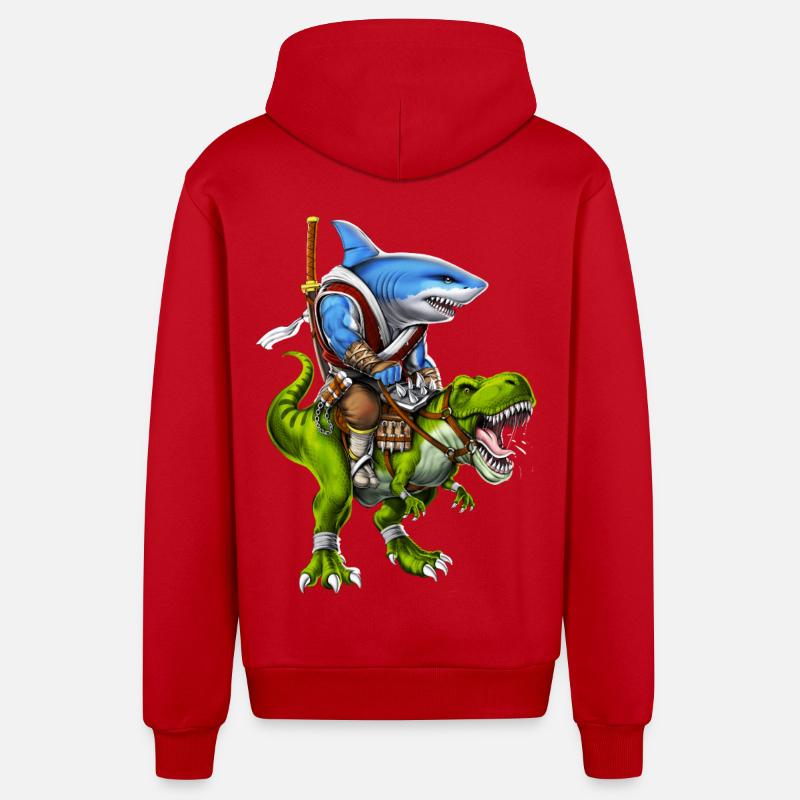 Shark Samurai Riding T-Rex Dinosaur - Organic Relaxed Hooded Jacket Made in EU - red