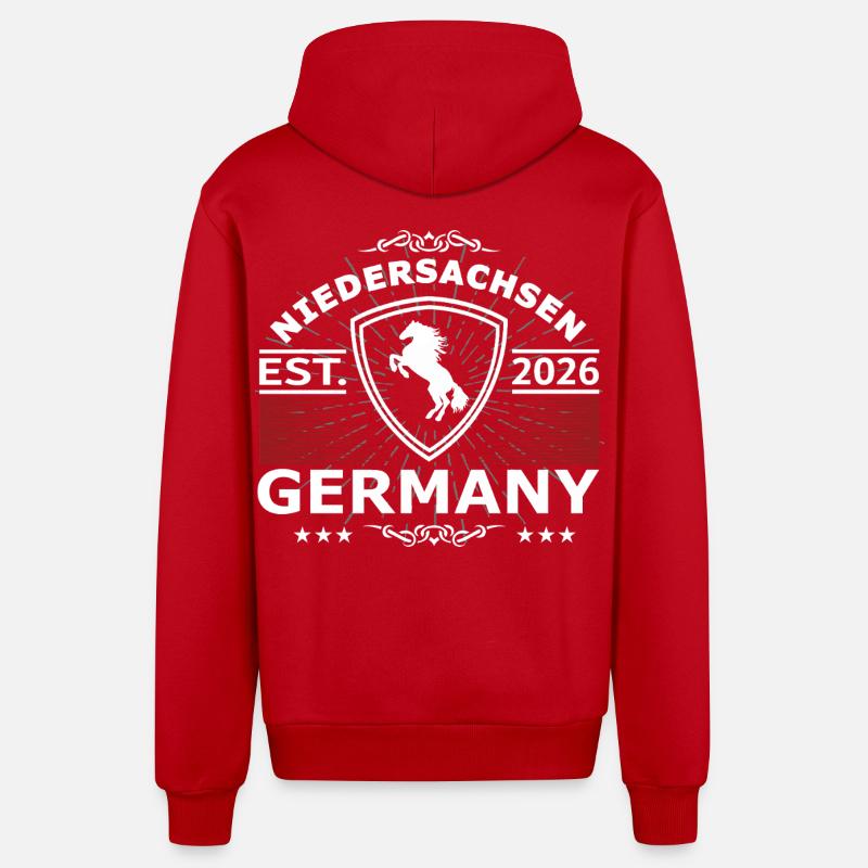 Conception de chevaux en Basse-Saxe – Pride & Home - Veste à capuche bio décontractée fabriquée en UE - rouge