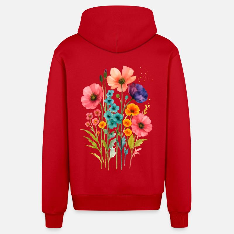 Aquarelle Fleurs Sauvages Boho - Veste à capuche bio décontractée fabriquée en UE - rouge
