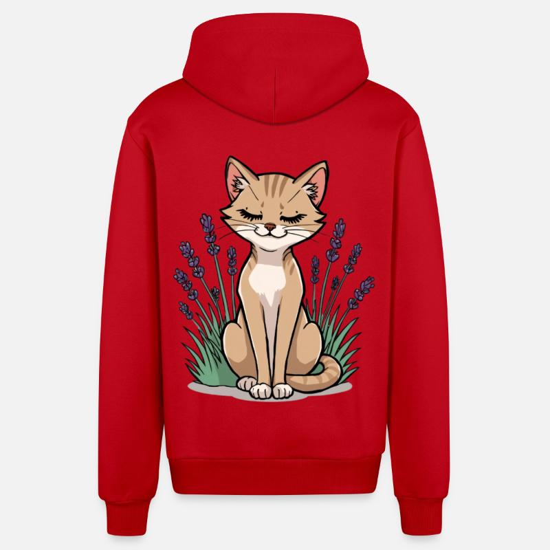 Chat se repose dans le champ de lavande - Veste à capuche bio décontractée fabriquée en UE - rouge