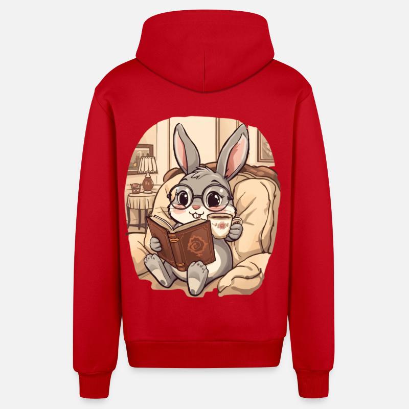 Soirée de lecture de lapin câlin - Veste à capuche bio décontractée fabriquée en UE - rouge