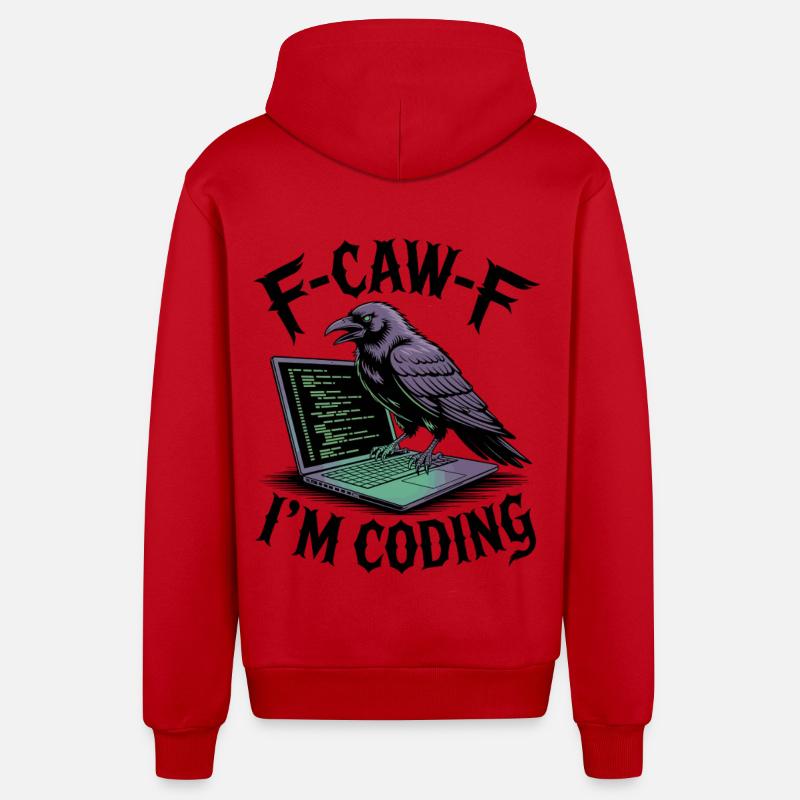 RabenCoder: Code Raven on the laptop - Organic Relaxed Hooded Jacket Made in EU - red