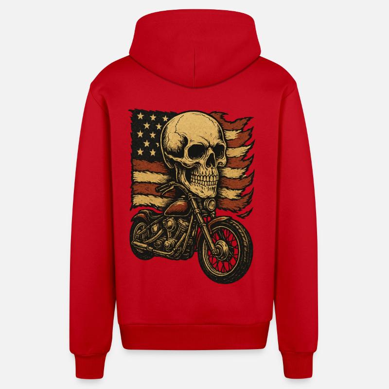 Moto skeleton devant le drapeau américain - Veste à capuche bio décontractée fabriquée en UE - rouge