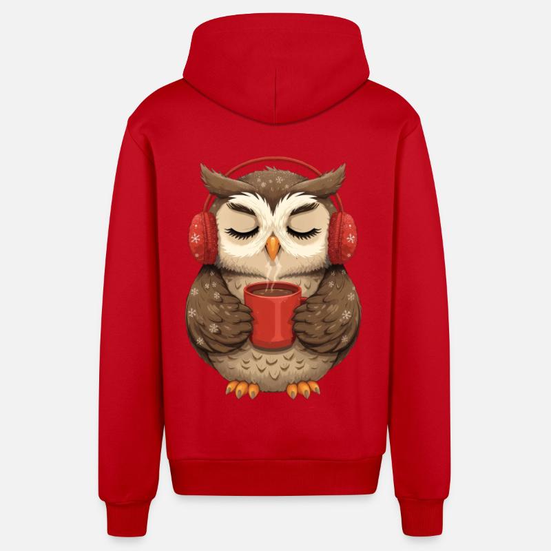 Hibou câlin avec écouteurs et café - Veste à capuche bio décontractée fabriquée en UE - rouge