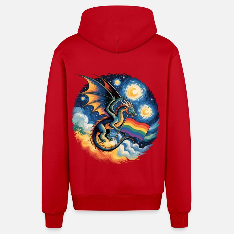 Dragon orgueilleux avec drapeau arc-en-ciel - Veste à capuche bio décontractée fabriquée en UE - rouge