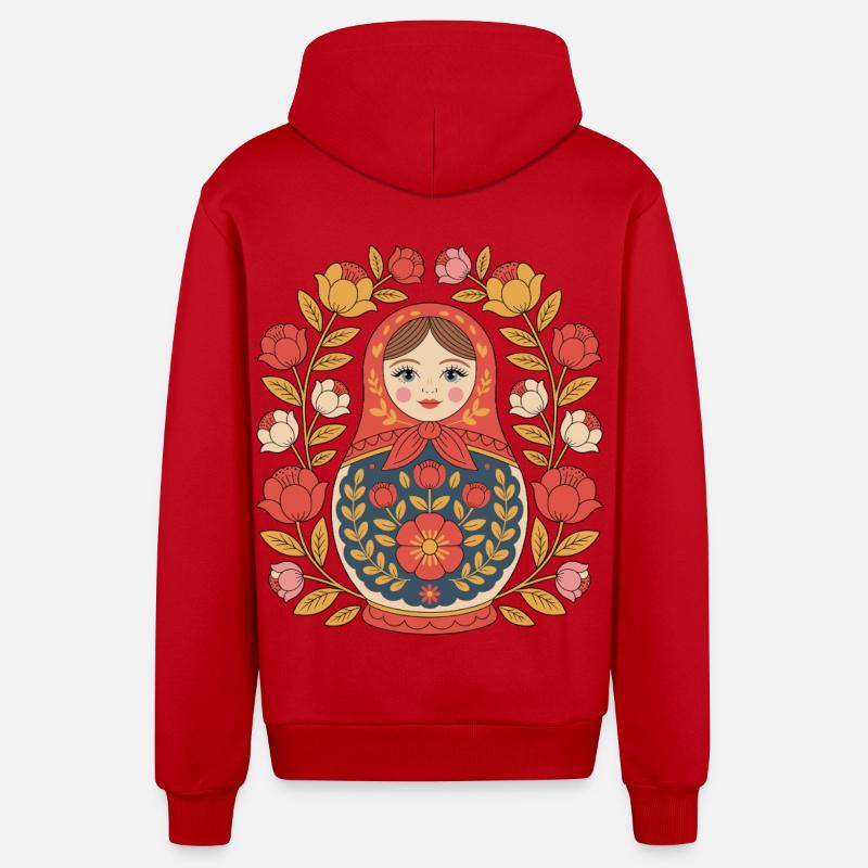 Conception de couronne de fleurs matriochka - Veste à capuche bio décontractée fabriquée en UE - rouge