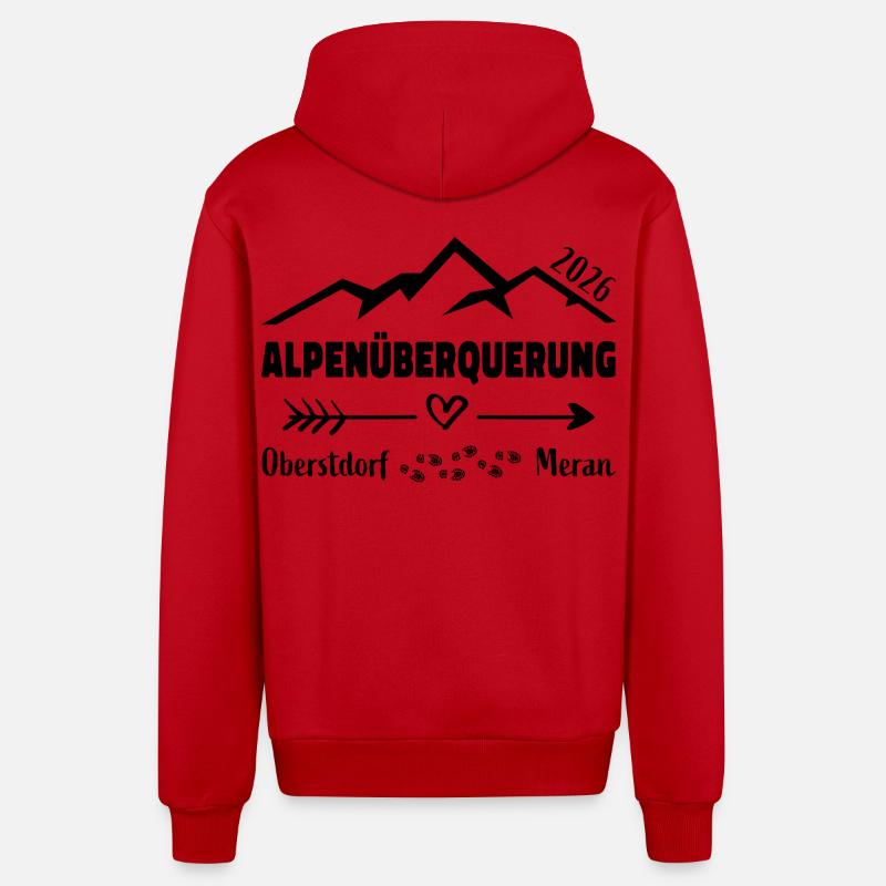 Alpenüberquerung E5 2026 Oberstdorf Meran - Organic Relaxed Kapuzenjacke Made in EU - Rot