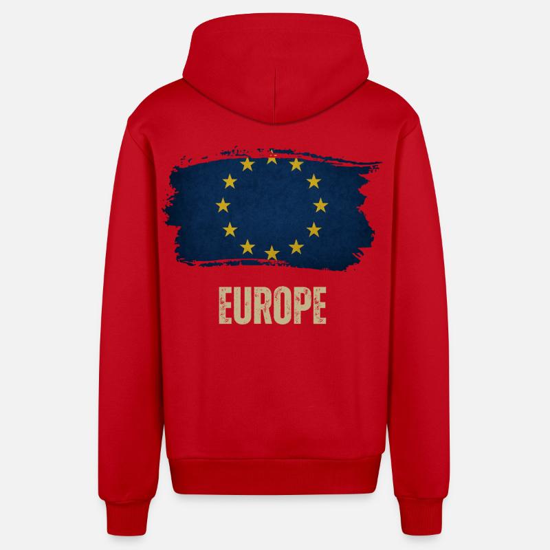 Drapeau grunge de l’Europe, j’aime l’Europe - Veste à capuche bio décontractée fabriquée en UE - rouge