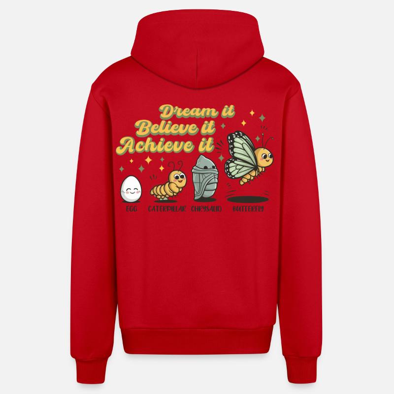 Chenille Butterfly School Evolution Gift - Organic Relaxed Hooded Jacket Made in EU - red