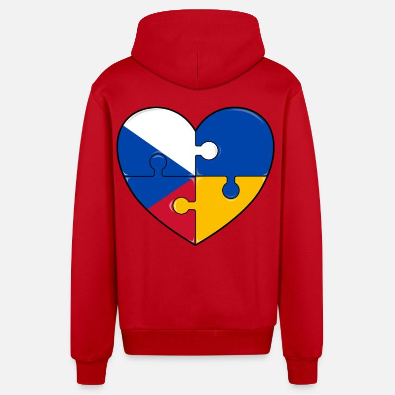 République tchèque Ukraine drapeau puzzle coeur - Veste à capuche bio décontractée fabriquée en UE - rouge