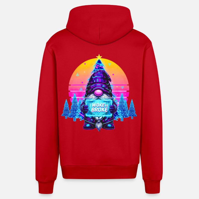 WOKE IS BROKE - Gnome de Noël Synthwave Gnome - Veste à capuche bio décontractée fabriquée en UE - rouge