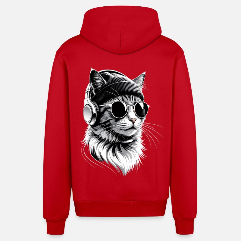 Cat DJ avec casque - Veste à capuche bio décontractée fabriquée en UE - rouge