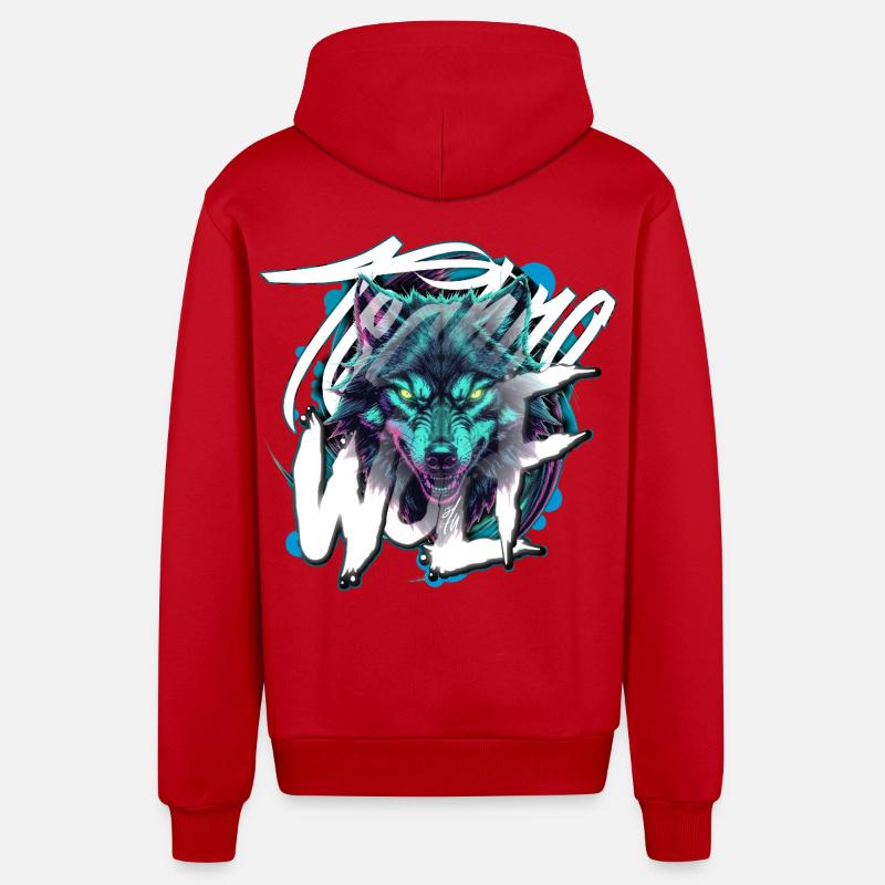 Neon Techno Wolf Head–Rave Wolf - Organic Relaxed Kapuzenjacke Made in EU - Rot