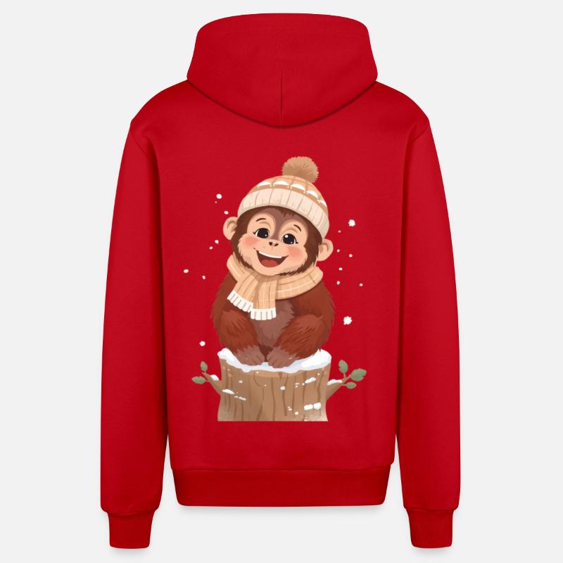 Winter monkey on tree stump - Organic Relaxed Hooded Jacket Made in EU - red