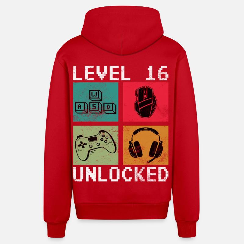 Niveau 16 Débloqué Rétro Gaming - Veste à capuche bio décontractée fabriquée en UE - rouge