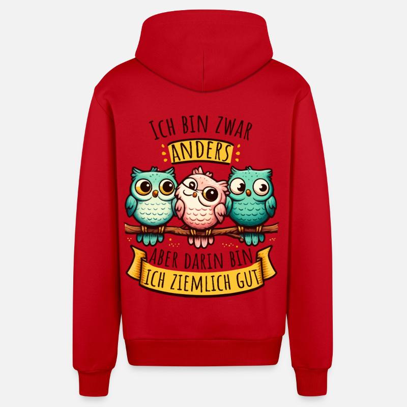 Anderssein Spruch mit bunten Eulen - Organic Relaxed Kapuzenjacke Made in EU - Rot
