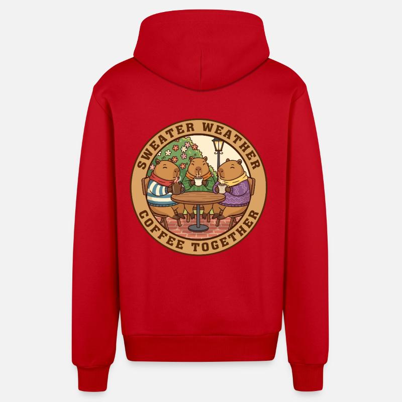 Sweat Capybara Temps Café ensemble - Veste à capuche bio décontractée fabriquée en UE - rouge