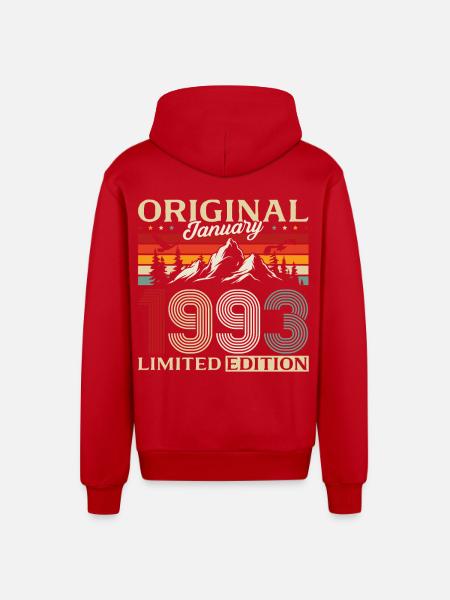 33rd Birthday Original January 1993 - Organic Relaxed Hooded Jacket Made in EU - red
