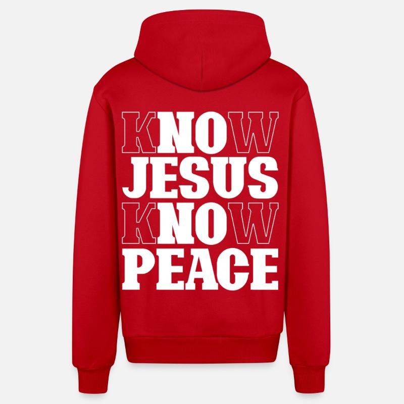 Lettrage Know Jesus Know Peace - Veste à capuche bio décontractée fabriquée en UE - rouge