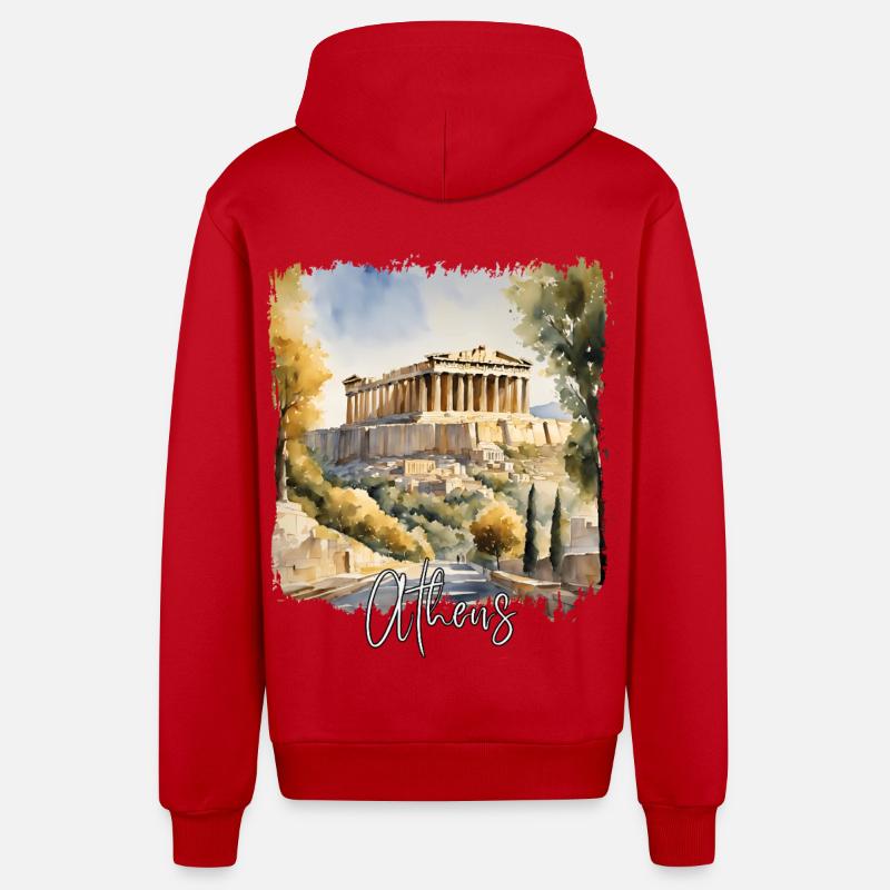 Aquarelle d’Athènes, Athènes Grèce - Veste à capuche bio décontractée fabriquée en UE - rouge