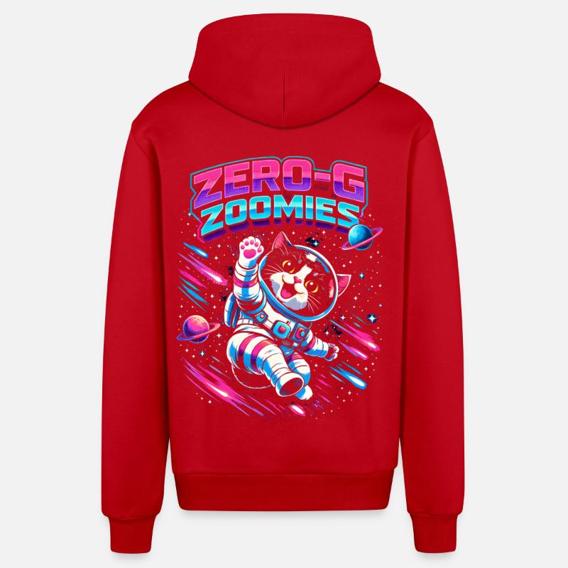 Null-G Zoomies | Humour spatial Astro Cat - Veste à capuche bio décontractée fabriquée en UE - rouge