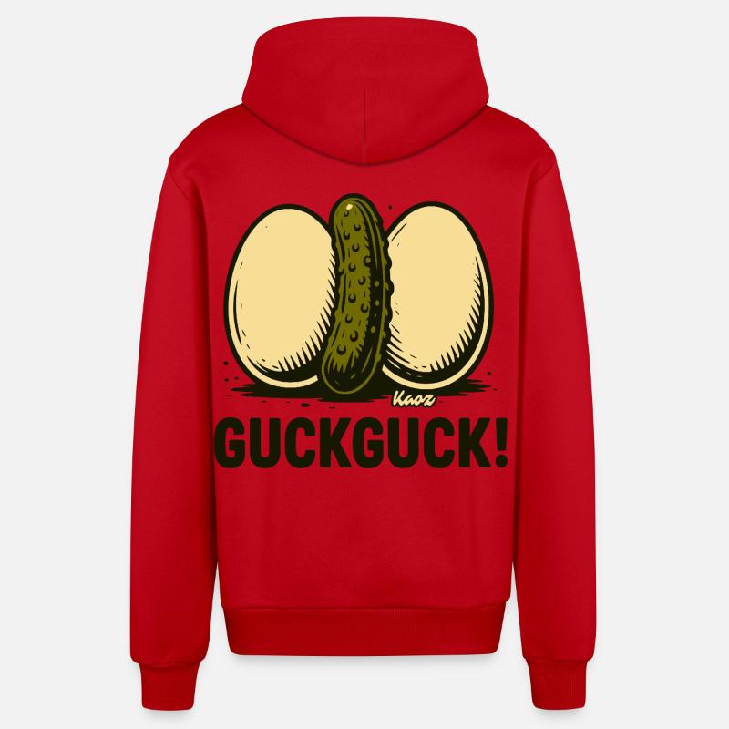 Zwei hartgekochte Eier mit einer Gurke - Organic Relaxed Kapuzenjacke Made in EU - Rot