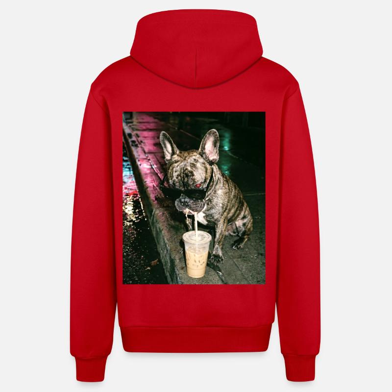 Bouledogue français buvant du café glacé - Veste à capuche bio décontractée fabriquée en UE - rouge