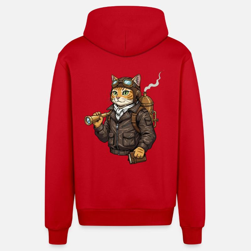 Chat Aviateur Steampunk Explorateur Curiosité - Veste à capuche bio décontractée fabriquée en UE - rouge
