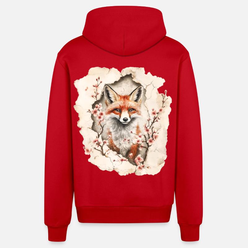 Fox with cherry blossoms - Organic Relaxed Hooded Jacket Made in EU - red