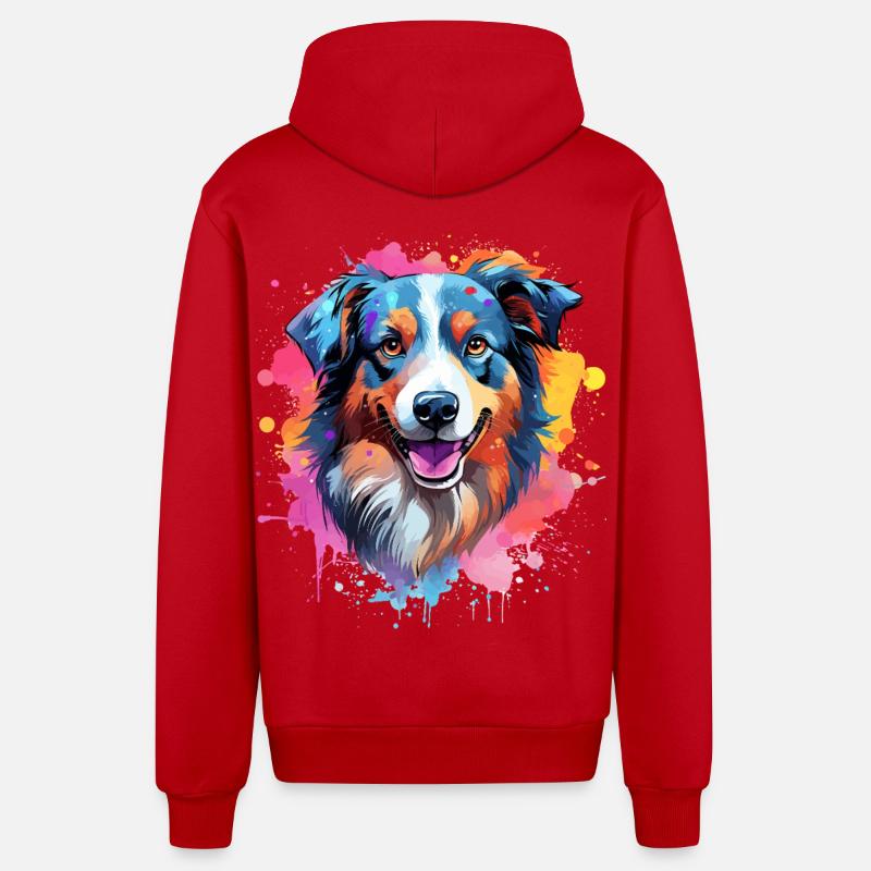Farbenfrohe Splash-Kunst Australischer Schäferhund - Organic Relaxed Kapuzenjacke Made in EU - Rot
