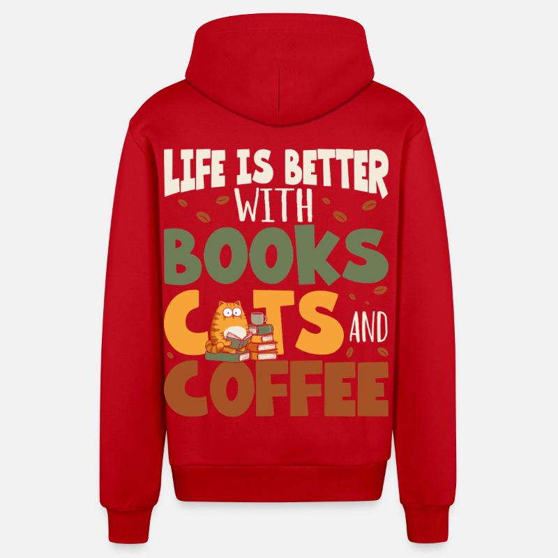 Lecture des livres Chats - Veste à capuche bio décontractée fabriquée en UE - rouge