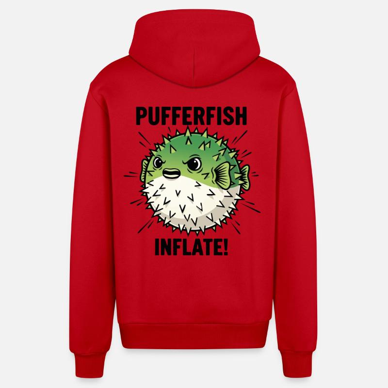 Globe Fish Danger Inflate Black Pufferfish - Organic Relaxed Hooded Jacket Made in EU - red